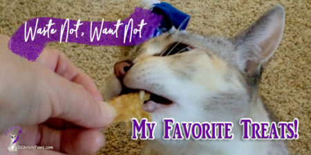 cat taking a treat with text overlay: Waste Not, Want Not My Favorite Treats!