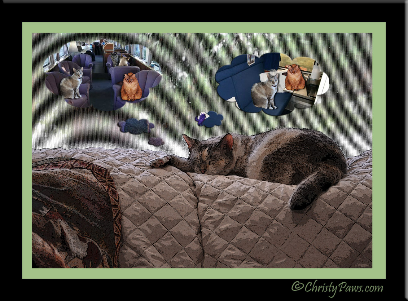 Caturday Art: Dreaming of Traveling with Izzy and Tristy