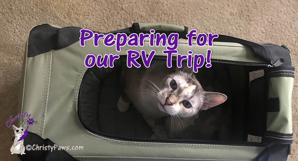 cat in carrier with text overlay: Preparing for our RV Trip